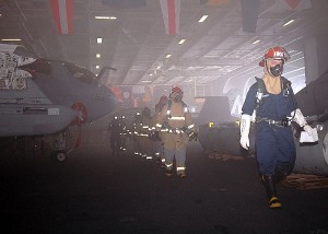 Fire aboard U.S. Navy aircraft carrier USS George Washington (CVN 73)